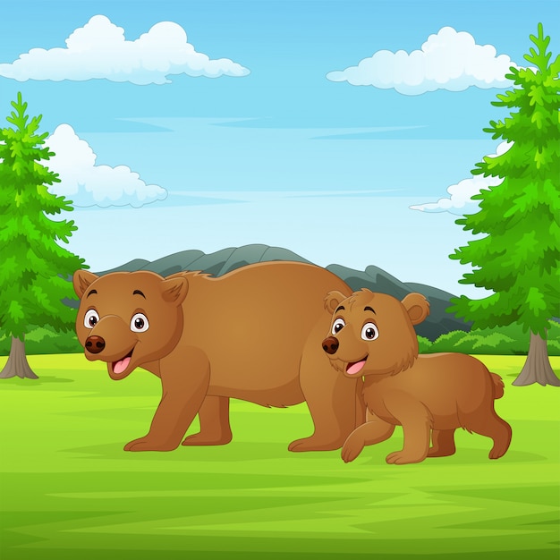 Download Cartoon mother and baby bear in the jungle | Premium Vector