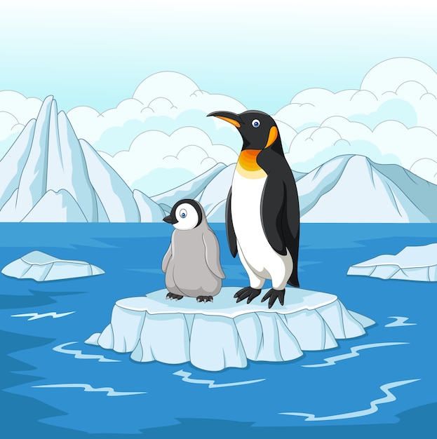 Download Cartoon mother and baby penguin on ice floe Vector ...