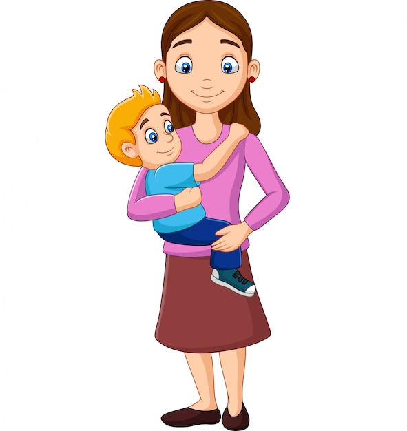 Premium Vector | Cartoon mother carrying a boy in her arms