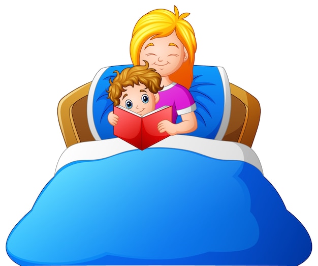Cartoon mother reading bedtime story to son on bed Premium Vector