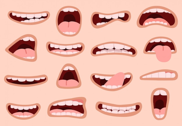 漫画の口 手描きの舌で面白い漫画口 笑い感情似顔絵唇 表情イラストアイコンセット 漫画の口と漫画の面白いキャラクター プレミアムベクター