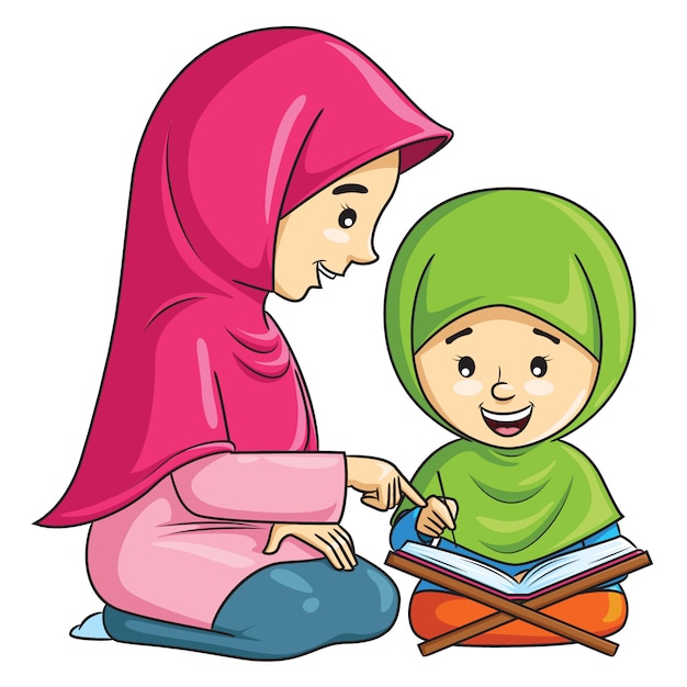 Cartoon of a muslim girl learning to recite the quran with her mother Premium Vector