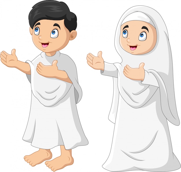 Cartoon muslim kids a pray Premium Vector