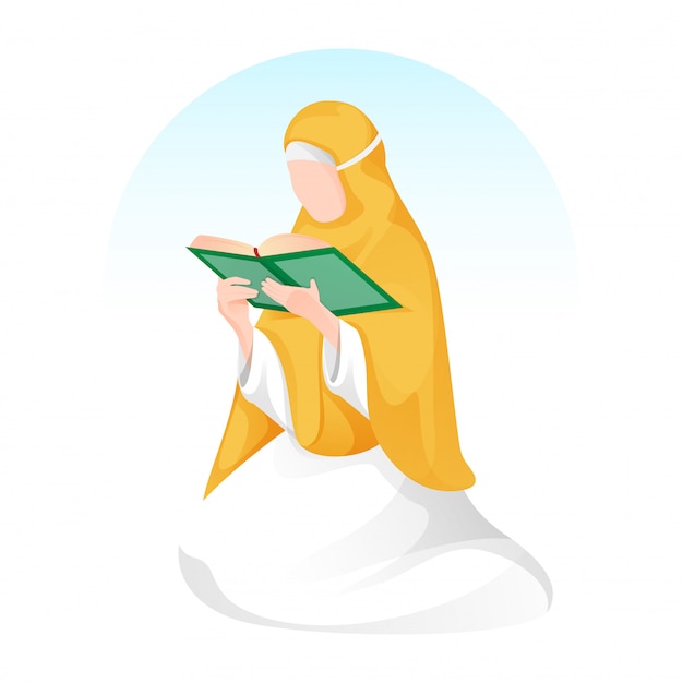 座っているポーズで神聖な本を読んで漫画イスラム教徒の女性 プレミアムベクター