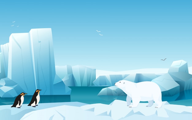 氷山 雪の山の丘と漫画自然冬の北極の氷の風景 ホワイトベアとペンギン ゲームスタイルのイラスト プレミアムベクター