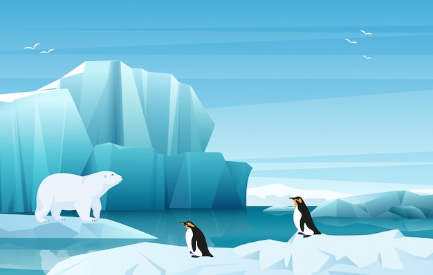 漫画の氷の山と冬の北極の風景 ホワイトベアとペンギン ゲームスタイルのイラスト プレミアムベクター