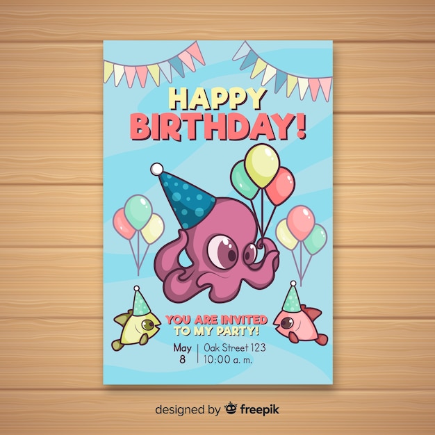 Download Cartoon octopus birthday invitation | Free Vector