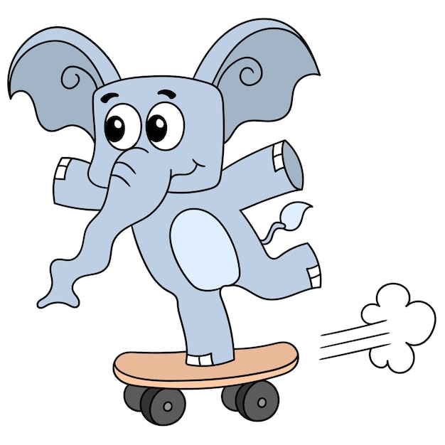 速くスケートボードをする象の漫画 キャラクターのかわいい落書きの描画 ベクトルイラスト プレミアムベクター