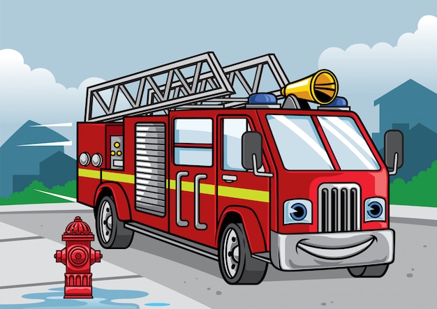 消防士トラックイラストの漫画 プレミアムベクター