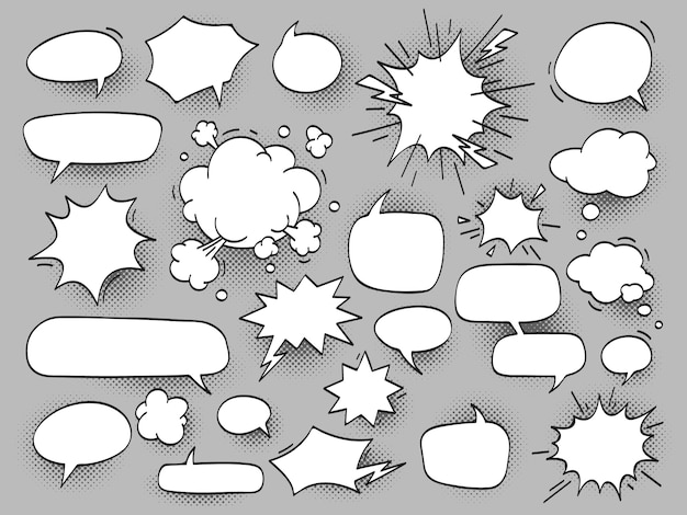 Cartoon oval discuss speech bubbles and bang bam clouds with hal Premium Vector