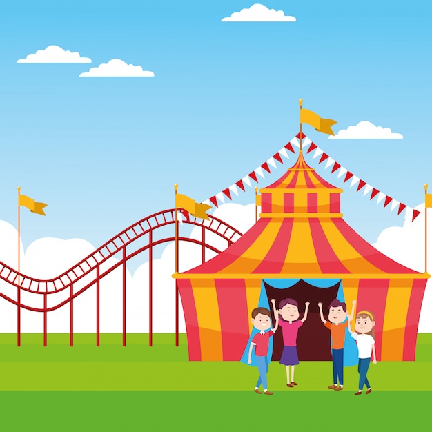 Premium Vector | Cartoon people in the fair over fair tent and roller ...