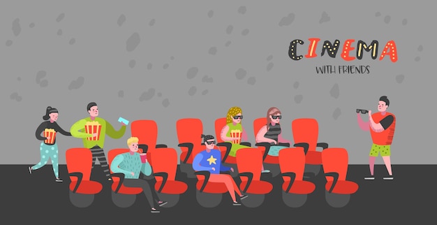 Premium Vector Cartoon People With Popcorn And Soda Watching Movie In The Cinema Seats Poster