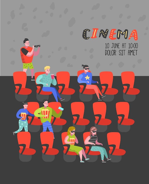 Premium Vector Cartoon People With Popcorn And Soda Watching Movie In The Cinema Seats Poster