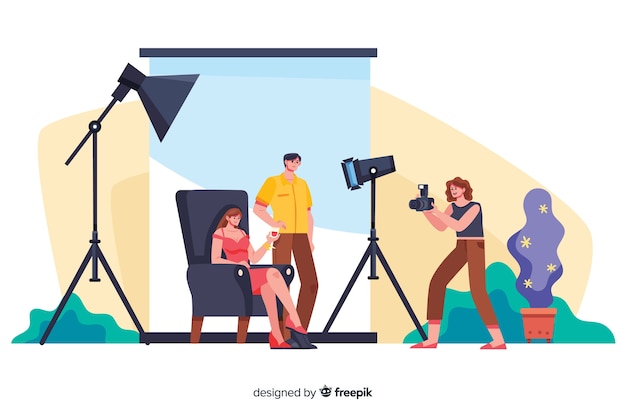 Free Vector | Cartoon photographers working with models