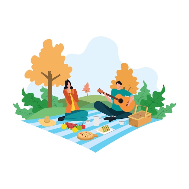 漫画のピクニックの概念 夏のレクリエーション活動のイラストの幸せなカップル プレミアムベクター
