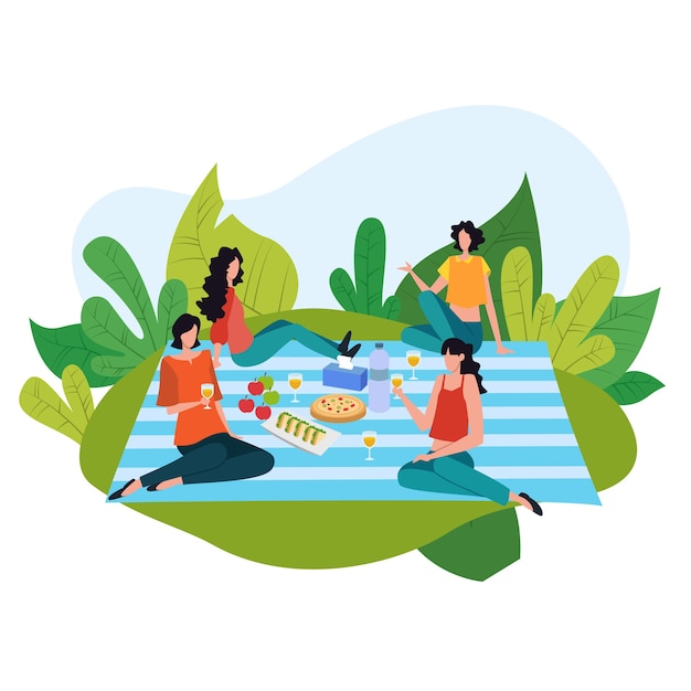漫画のピクニックの概念 夏のレクリエーション活動のイラストで幸せな人々 プレミアムベクター