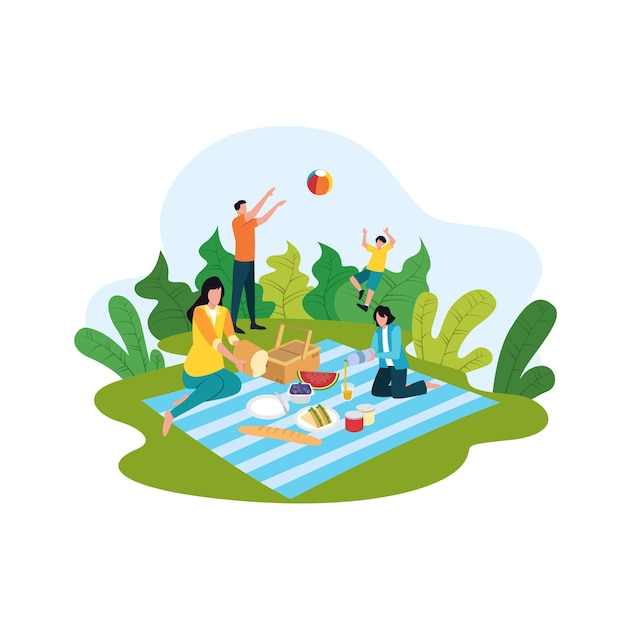 漫画のピクニックの概念 夏のレクリエーション活動のイラストで幸せな人々 プレミアムベクター