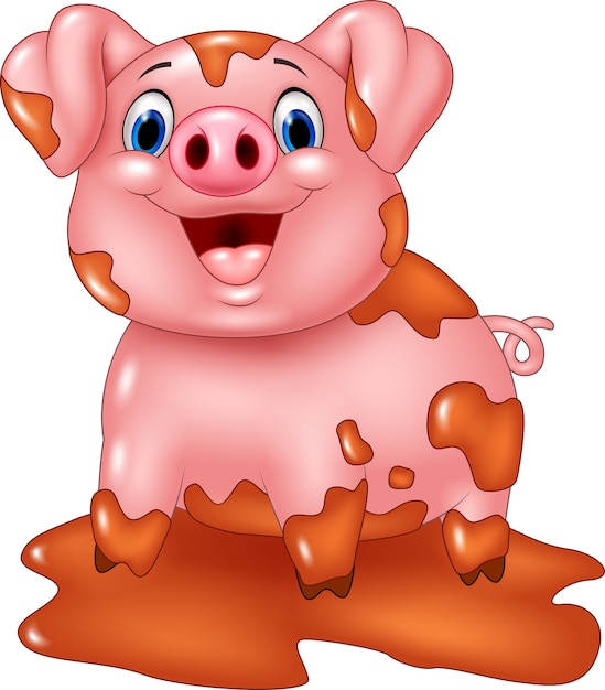 Premium Vector | Cartoon pig play in a mud puddle