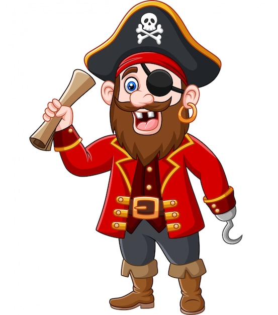 Cartoon pirate captain holding a treasure map Premium Vector