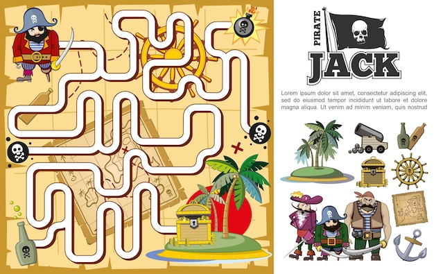 ラム酒の無人島のボトルで漫画の海賊の宝探し迷路のコンセプトステアリングホイールアンカーマップ胸の海賊キャラクターイラスト 無料のベクター