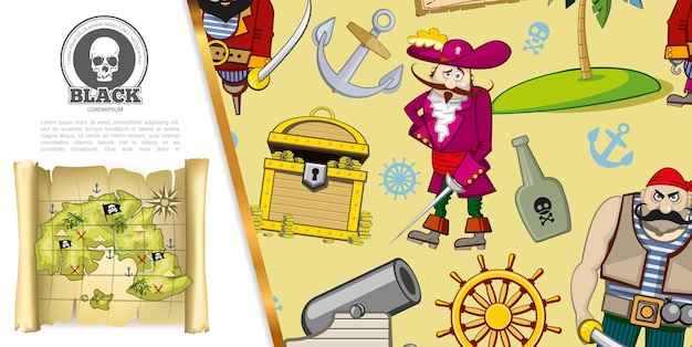 金貨の宝の地図と漫画の海賊の冒険の概念ラム船アンカーキャノンハンドル無人島のイラストのボトル 無料のベクター