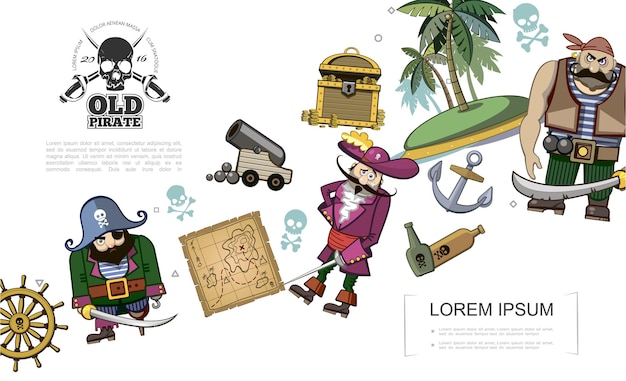 ハンドルの宝箱アンカーマップ海賊キャラクター大砲無人島ラム酒のイラストと漫画の海賊の概念 無料のベクター