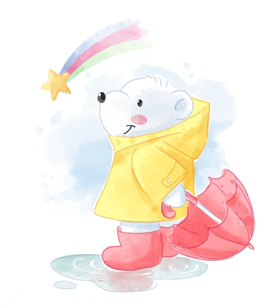 レインコートと虹のイラストの漫画シロクマ プレミアムベクター