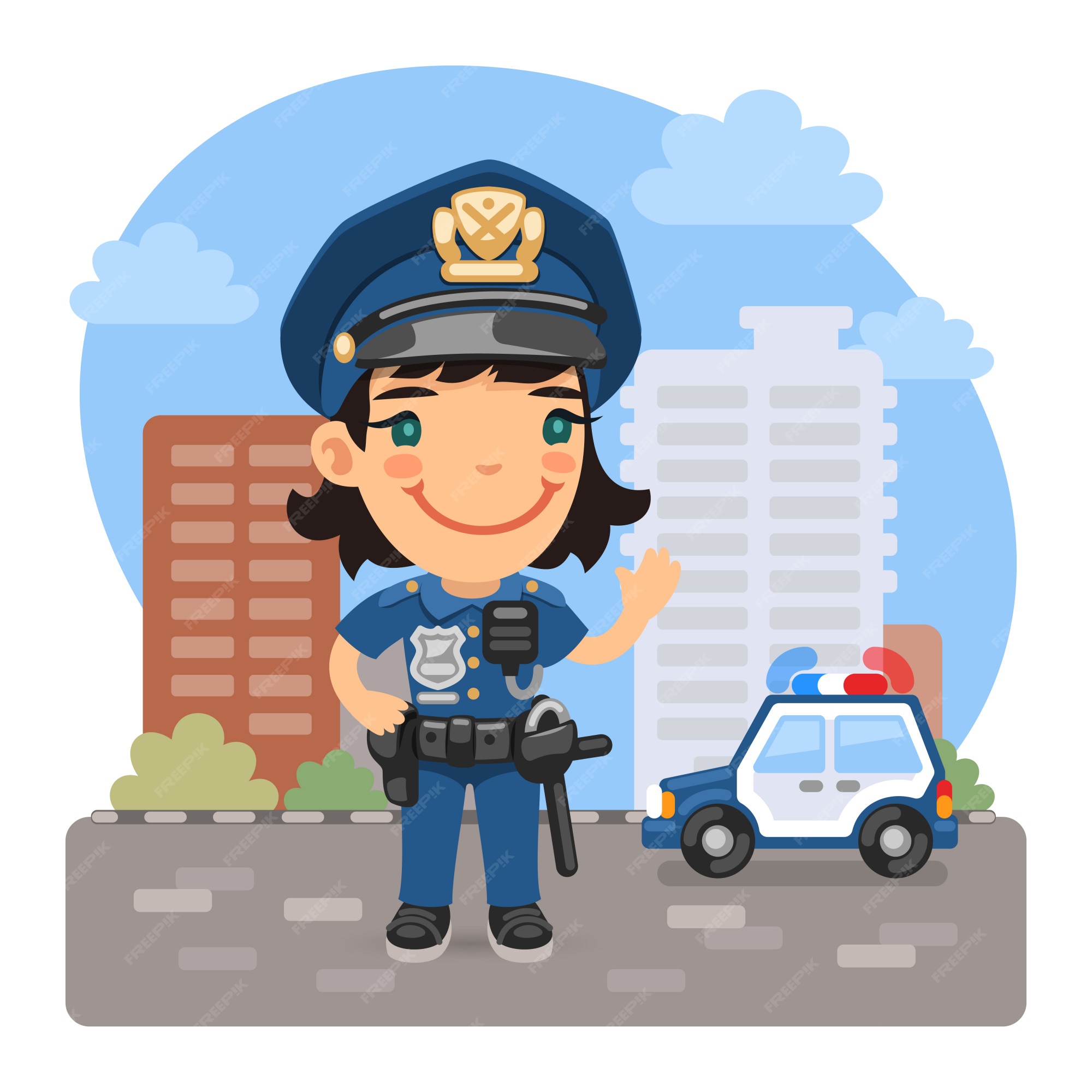 Premium Vector Cartoon Policewoman On The Street 