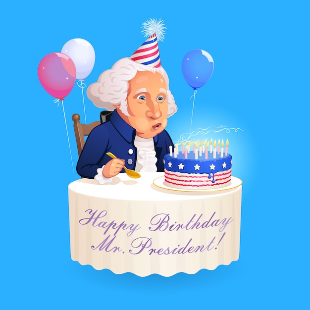 ジョージワシントン大統領の漫画の肖像画 円卓に座っている建国の父は アメリカの旗のスタイルで装飾されている誕生日ケーキのろうそくを吹き消します プレミアムベクター