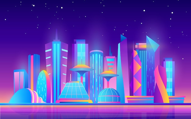 Premium Vector | Cartoon purple future modern cityscape with town ...