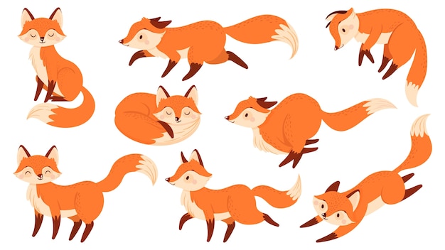漫画の赤狐 黒い足でかわいいキツネ かわいいジャンプ動物 フォクシーキャラクター 捕食者キツネのマスコット 野生動物の森の哺乳類 分離ベクトルイラストアイコンセット プレミアムベクター