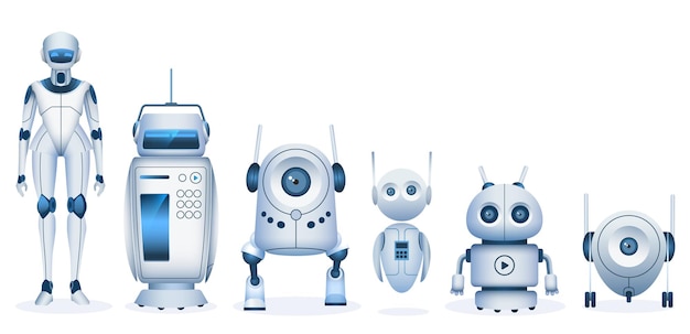 漫画のロボット 未来のドロイドと人工知能技術を備えた機械 リアルな子供のおもちゃのロボットとアンドロイドのベクトルセット 未来的なロボットのイラスト 漫画アンドロイド機械 プレミアムベクター