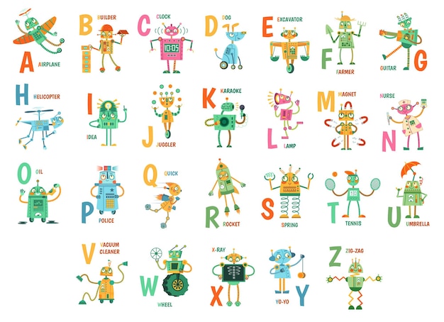 漫画のロボットのアルファベット 面白いロボットのキャラクター 子供のためのabcの手紙 ロボットの友達のマスコットと教育のベクトルイラストセット かわいいアンドロイドと英語の単語がアルファベット順に配置されています プレミアムベクター