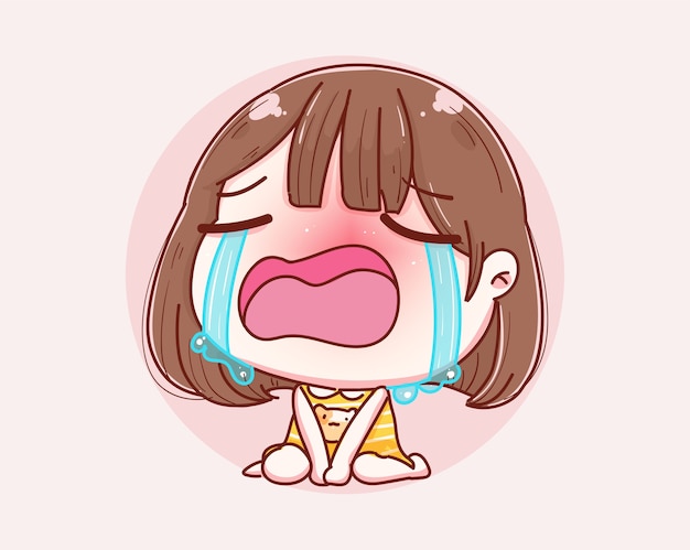 泣いている漫画悲しい少女とキャラクターデザイン プレミアムベクター