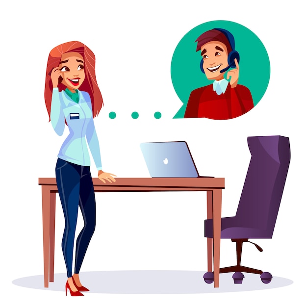 Vector cartoon satisfied customer calling to user helpline operator man in  headset. Cute young happy client, female manager in office communicates  with customer support male employee - Stock Image - Everypixel