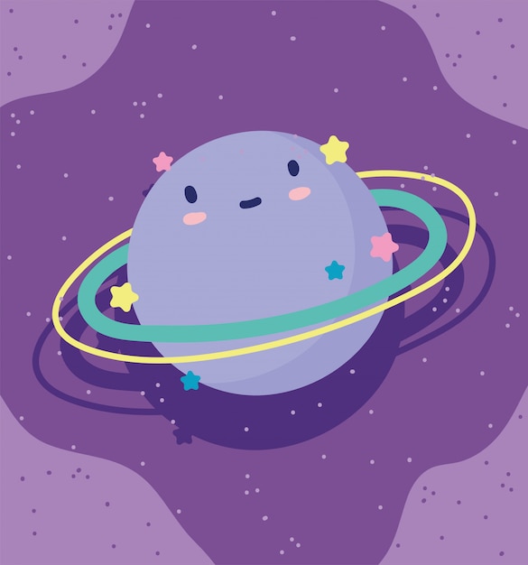 プレミアムベクター 漫画土星の惑星星空の装飾紫背景ベクトルイラスト
