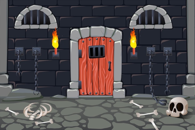 Premium Vector | Cartoon scary dungeon with torches and human bones ...