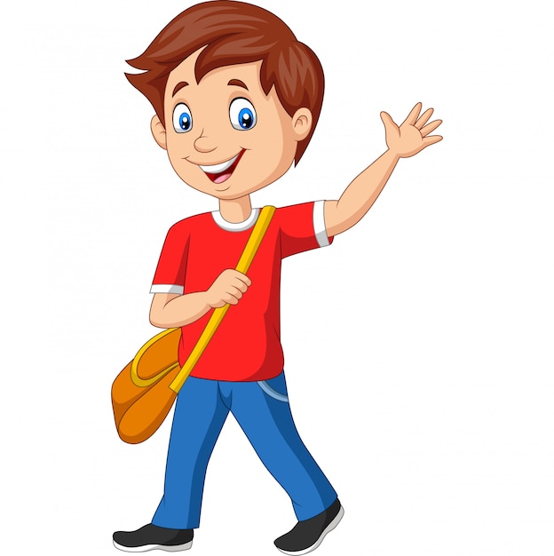 Cartoon school boy with backpack and waving Vector | Premium Download