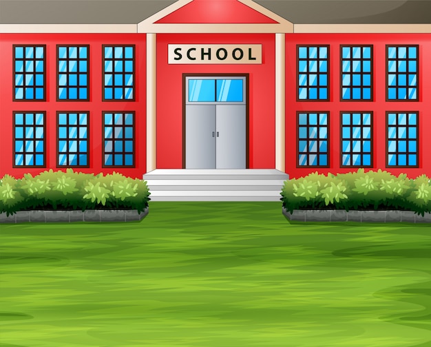 Premium Vector | Cartoon a school building with green lawn