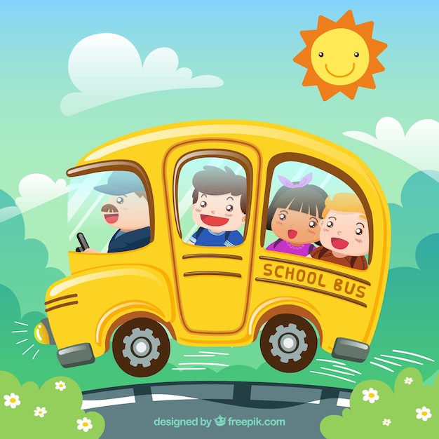 Cartoon School Bus With Kids