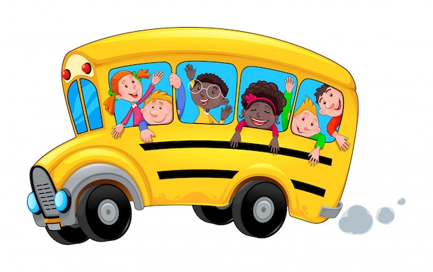 Premium Vector | Cartoon school bus with happy child students