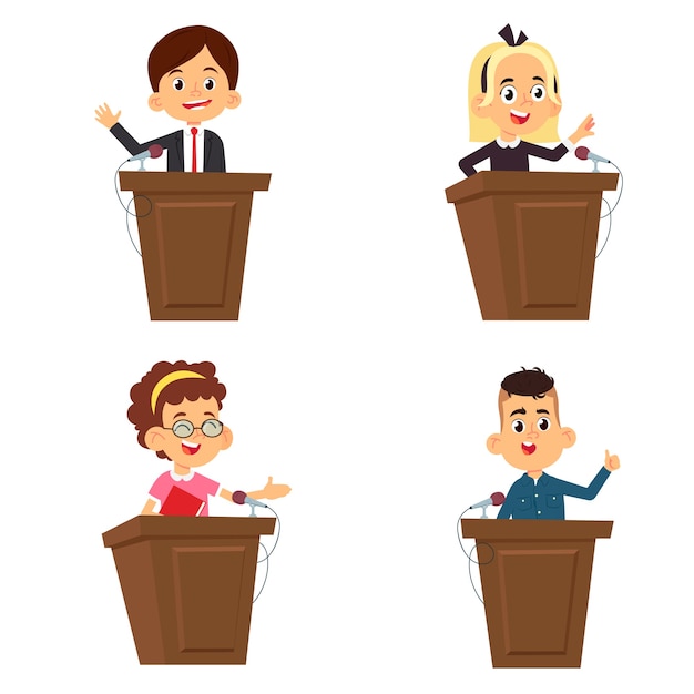 Premium Vector Cartoon Schoolchildren Make A Speech While Standing On The Podium