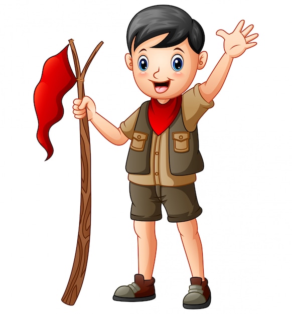 Cartoon a scout boy holding red flag | Premium Vector