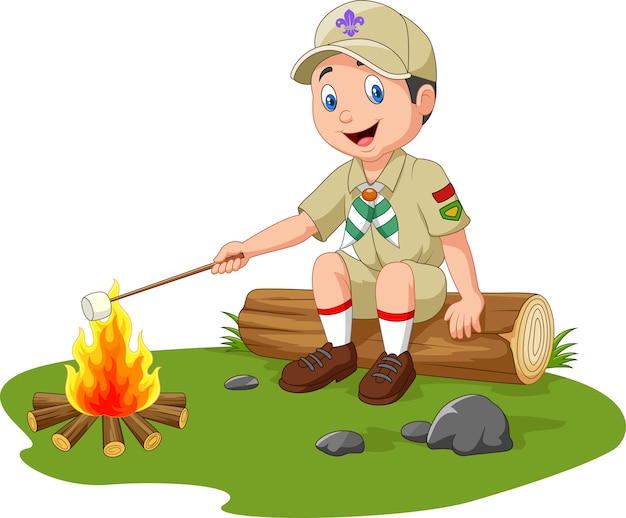 Cartoon scout roasting marshmallow Vector | Premium Download