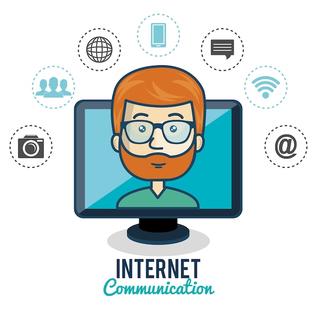 Cartoon Screen Man Internet Communication Premium Vector