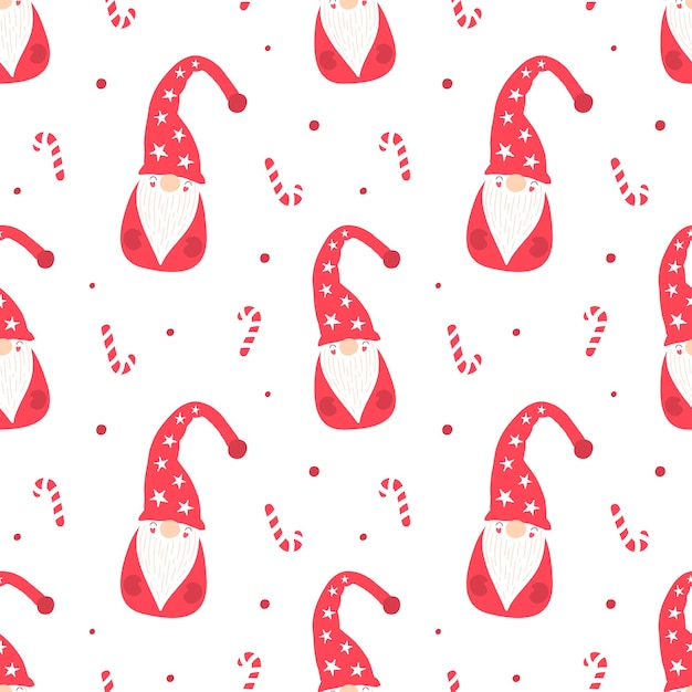 Premium Vector Cartoon Seamless Pattern Santa Claus A Gnome In Red Cap Lollipops Christmas Print For Packaging Fabric Wallpaper Illustration For Children