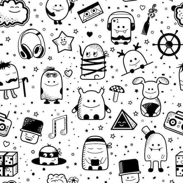Cartoon seamless pattern with funny monsters. cartoon hand drawn characters Premium Vector