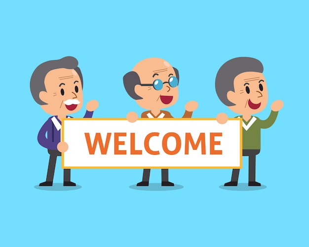 Premium Vector | Cartoon senior men holding welcome sign