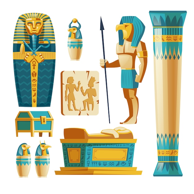 Cartoon set of ancient egypt objects isolated on background. Free Vector