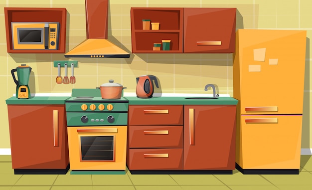 Download Free Vector | Cartoon set of kitchen counter with appliances - fridge, microwave oven, kettle ...